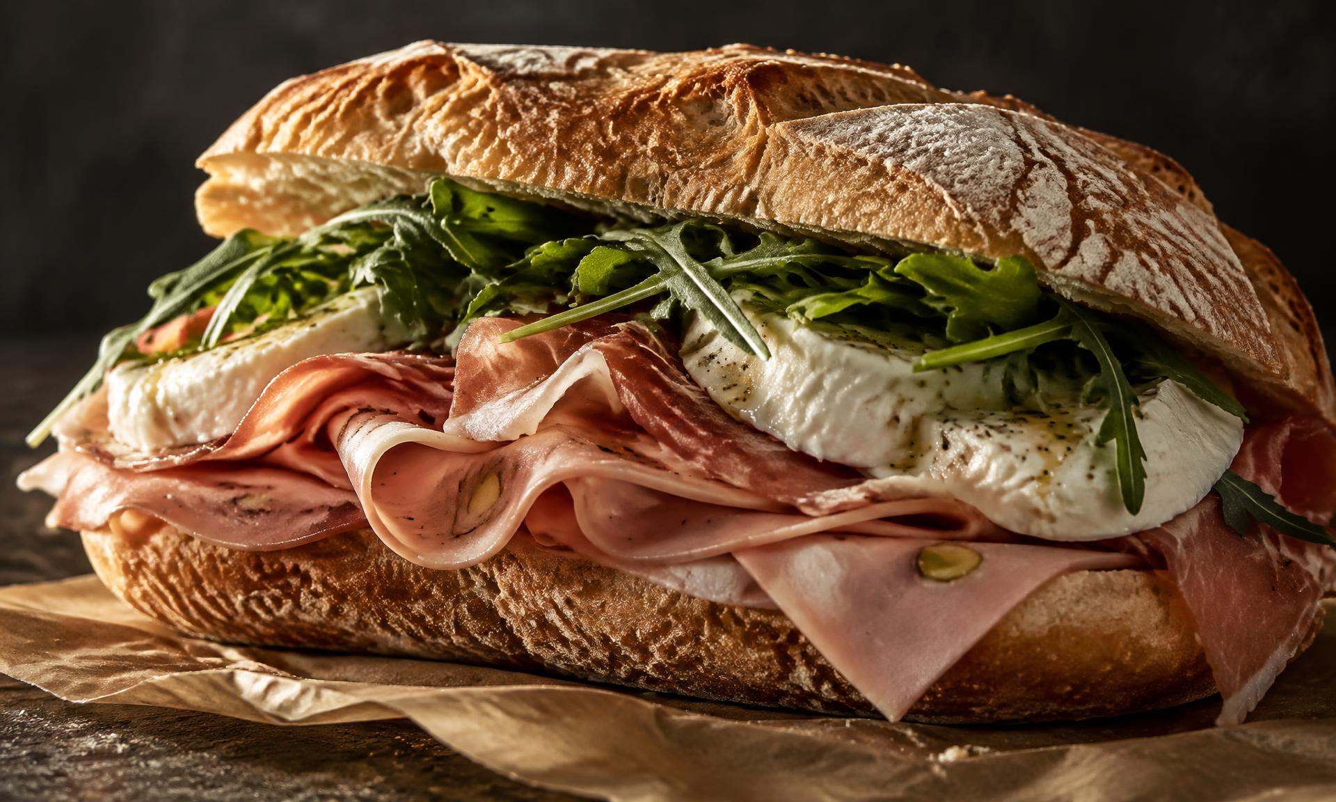 Close-up of a panino layered with mortadella, prosciutto, mozzarella and arugula
