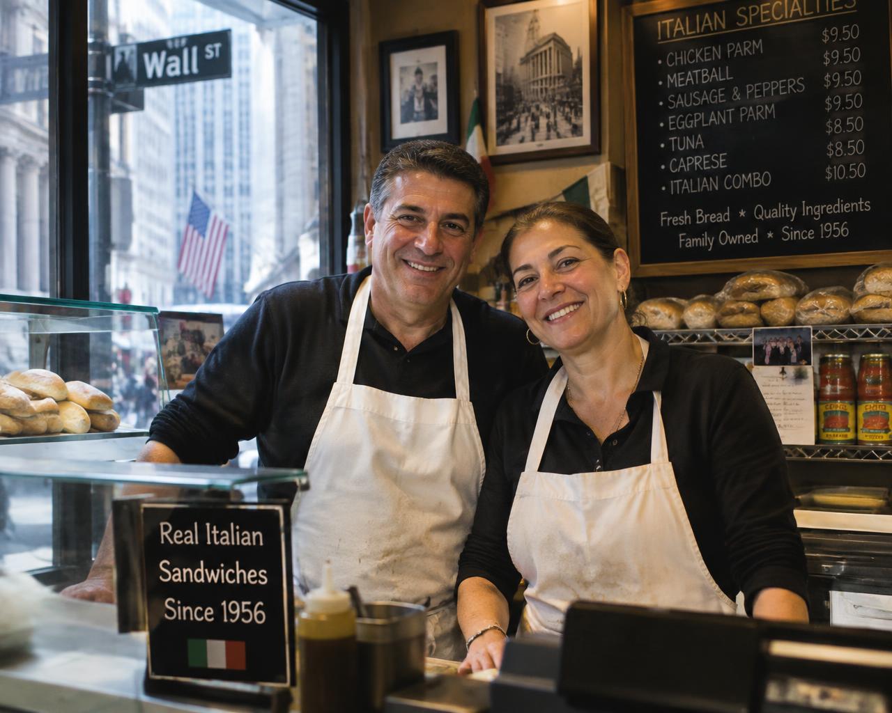 Founders Carmelo and Antonella smiling behind the counter of their shop