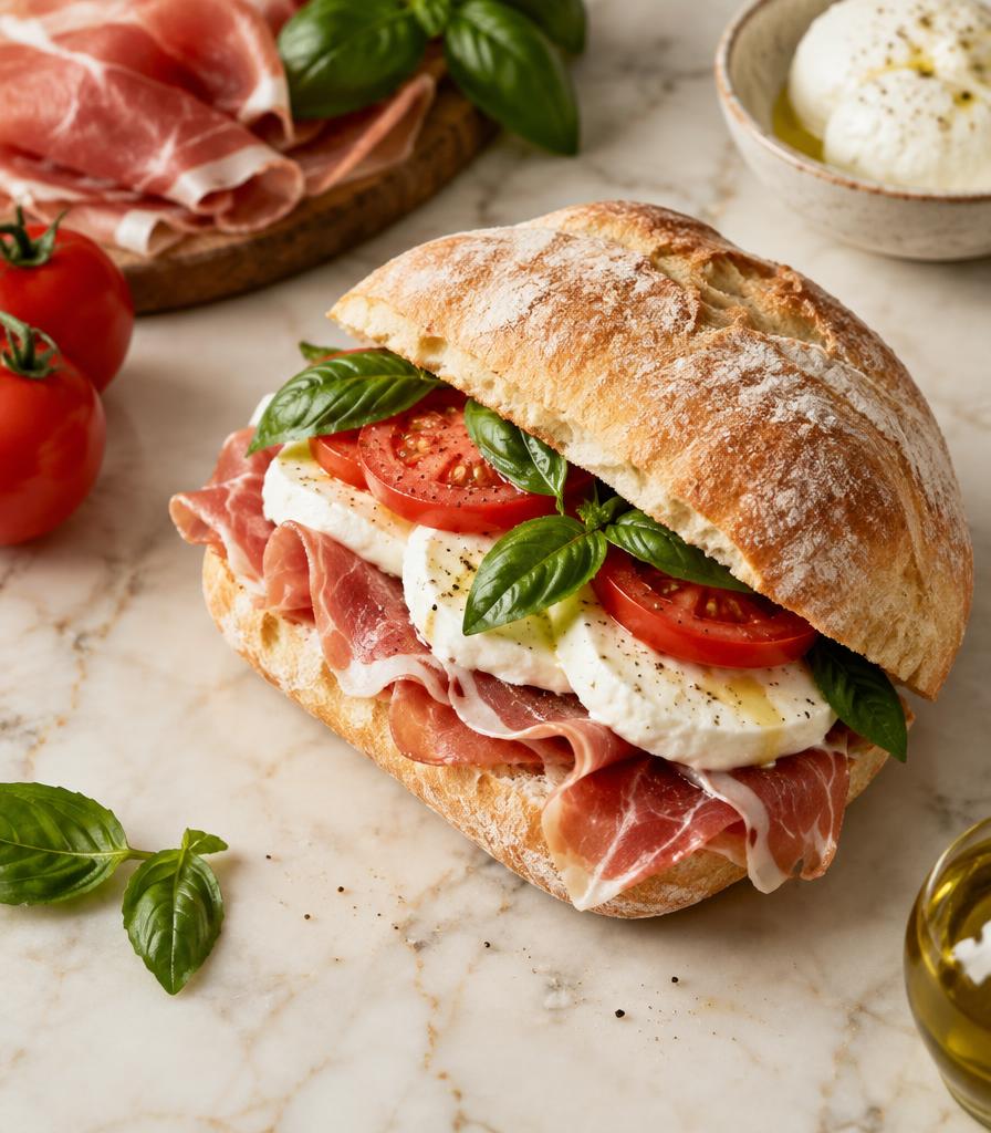 Panino with prosciutto, mozzarella, tomato and basil on ciabatta