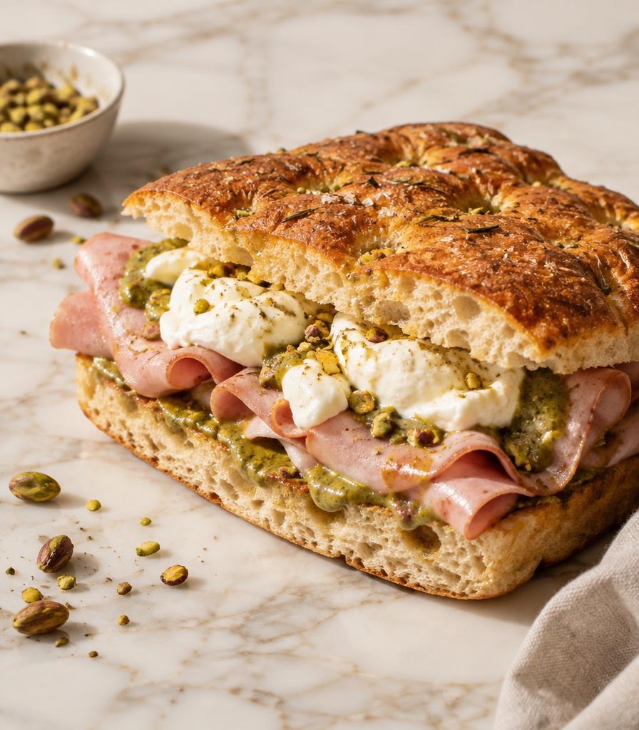 Focaccia panino with mortadella, burrata and pistachio cream