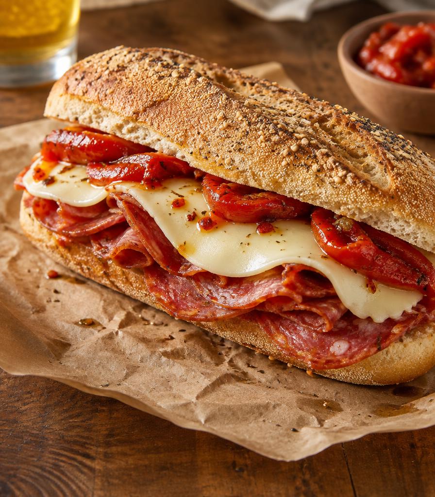 Semolina panino with soppressata, provolone and roasted peppers