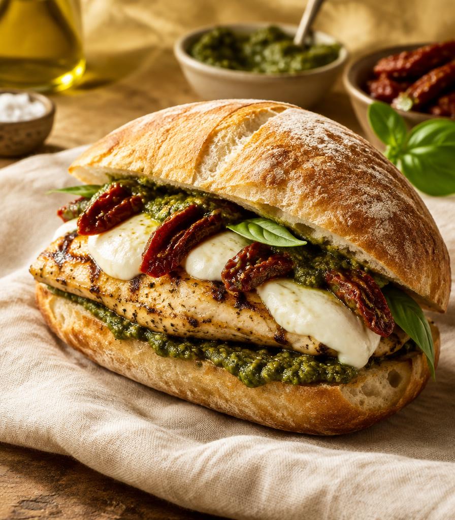 Grilled chicken panino with pesto, sun-dried tomatoes and mozzarella